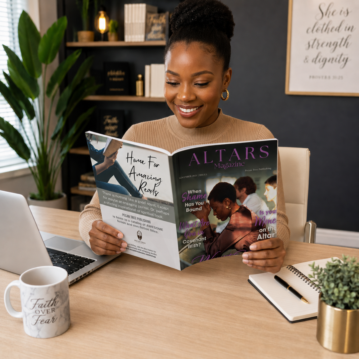 A reader enjoying ALTARS Magazine at her desk