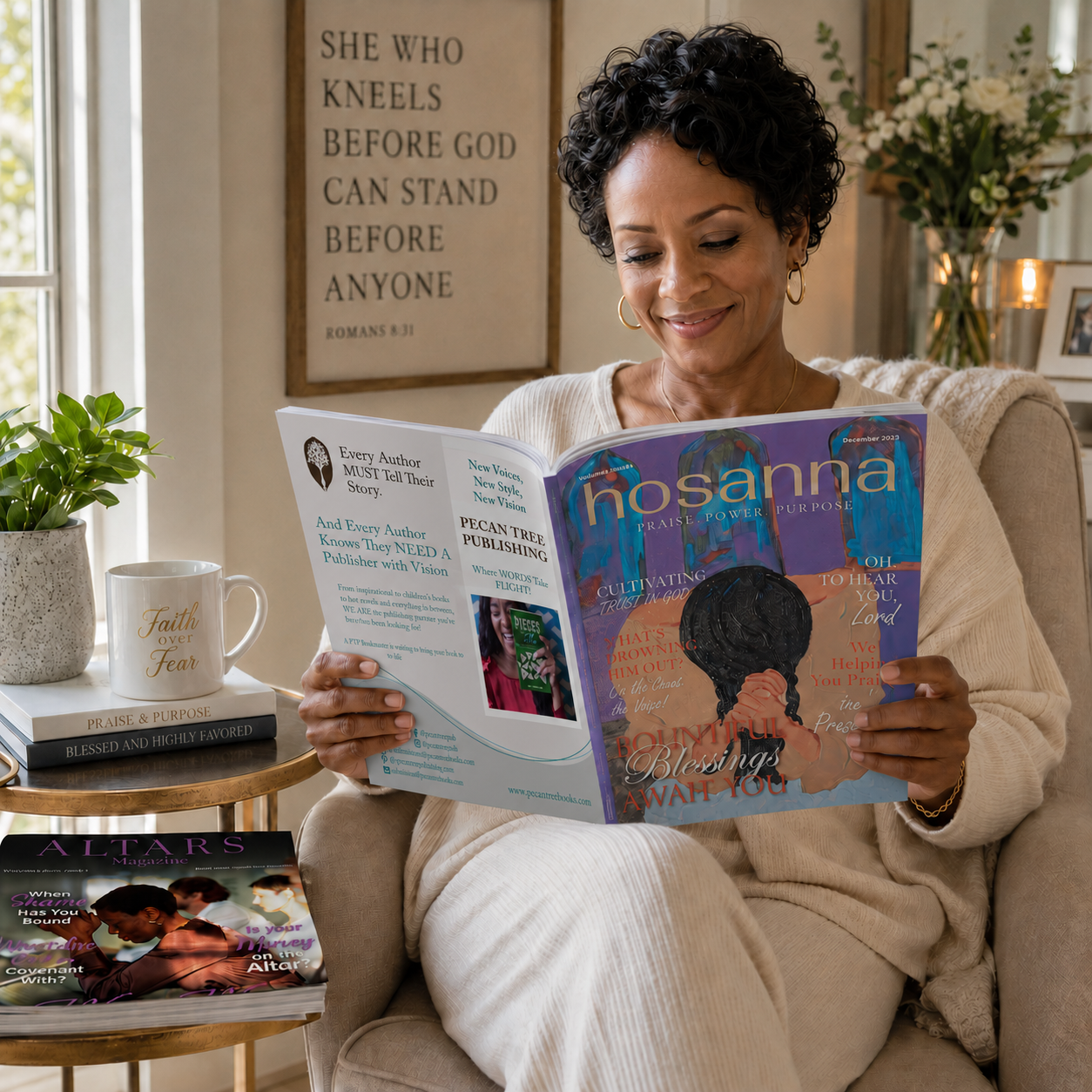 A reader relaxing at home with Hosanna Magazine